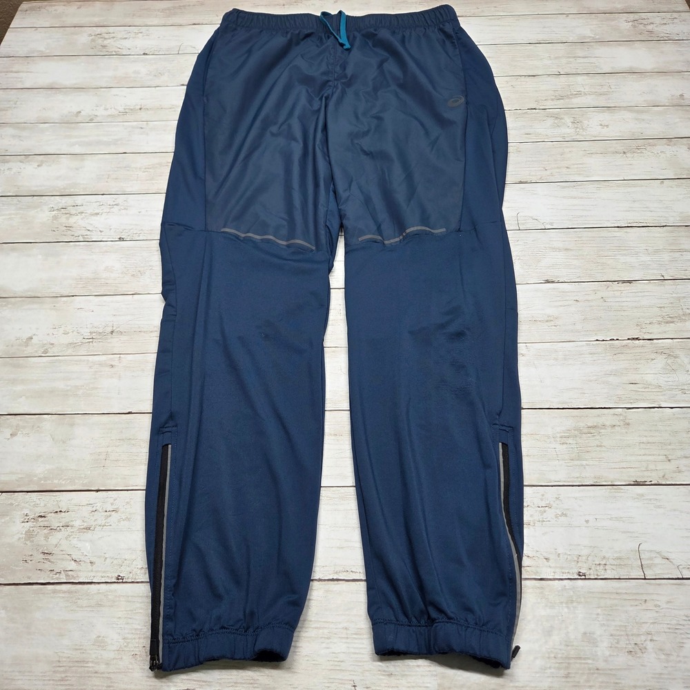 ASICS Mens L Navy Blue Reflective Zipper Leg Running Athletic Pants